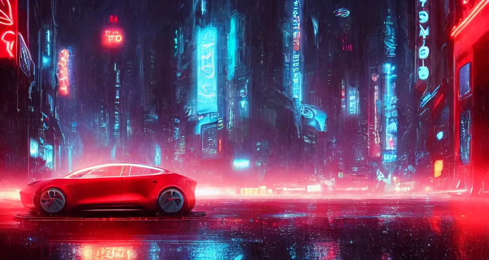 Image similar to close up macro shot of a tron tesla car on wet city street at night, intricate, hyper detailed, smooth, high contrast, neon, volumetric lighting, octane, moebius, greg rutkowski, blade runner, ripley scott, cindmatic