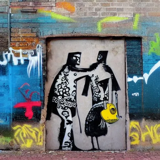 Image similar to transylvanian folk art, in the style of graffiti, made by banksy