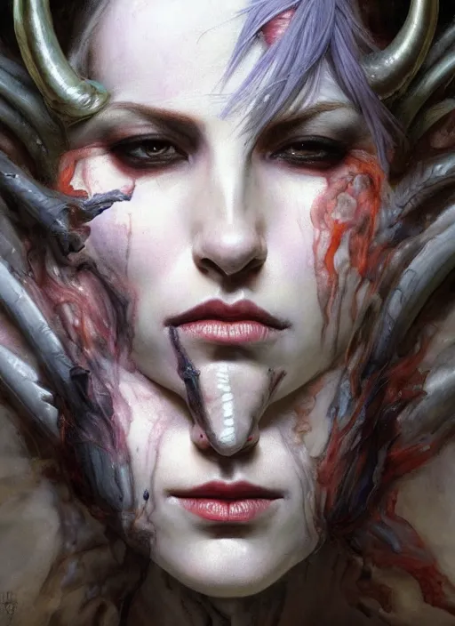 Image similar to half demon half human intricate skin scales costume, elegant, peaceful, full body, horns, hyper realistic, extremely detailed, dnd character art portrait, fantasy art, intricate fantasy painting, dramatic lighting, vivid colors, deviant art, artstation, by edgar maxence and caravaggio and michael whelan and delacroix.