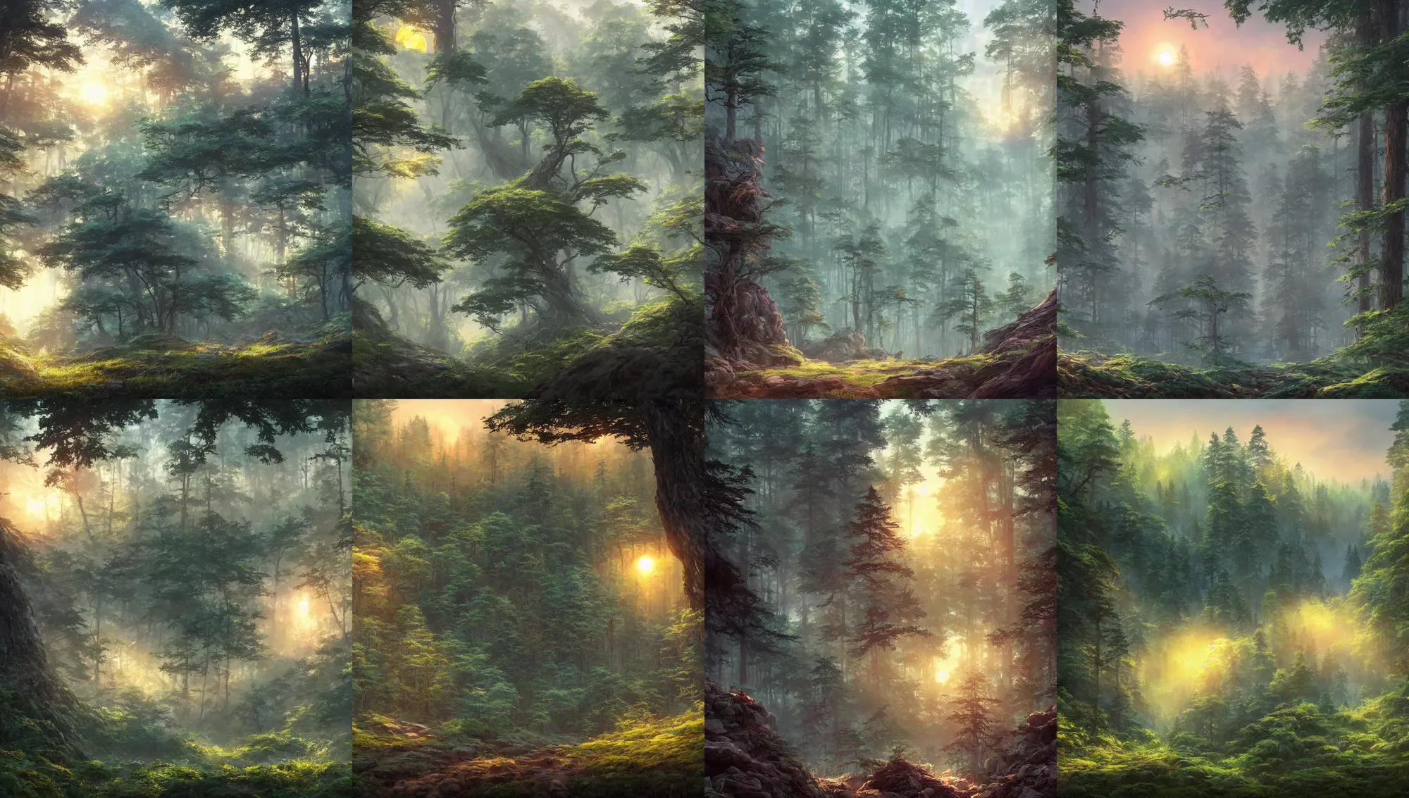 Image similar to forest clearing landscape, sunset, studio ghibli, pixar and disney animation, sharp, rendered in unreal engine 5, highly detailed, digital painting, artstation, concept art, smooth, sharp focus, illustration, wide angle, artbook, wallpaper, splash art, promo art, dramatic lighting, art by artgerm and greg rutkowski and bo chen and jin xiaodi