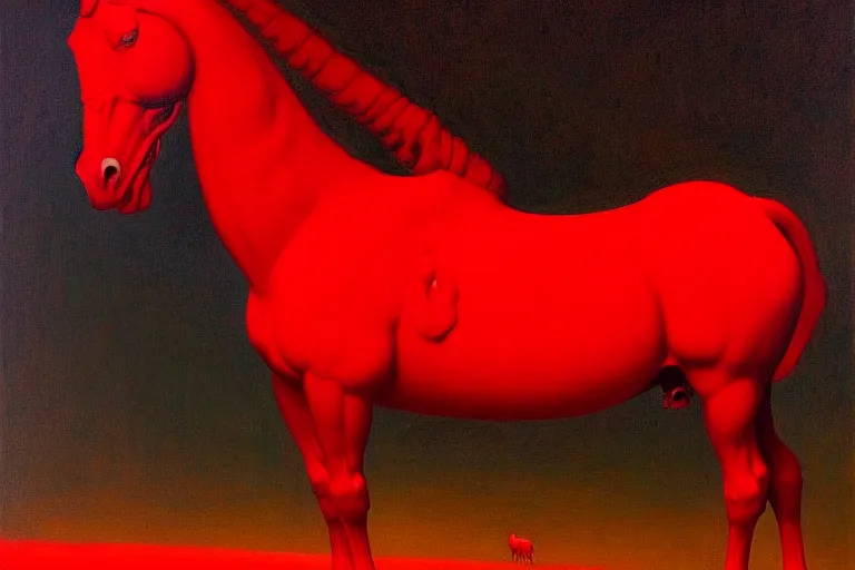 Image similar to a red horse, in the style of beksinski, parts by edward hopper, parts by rodcenko, parts by yue minjun, intricate and epic composition, red by caravaggio, insanely quality, highly detailed, masterpiece, red light, artstation, 4 k