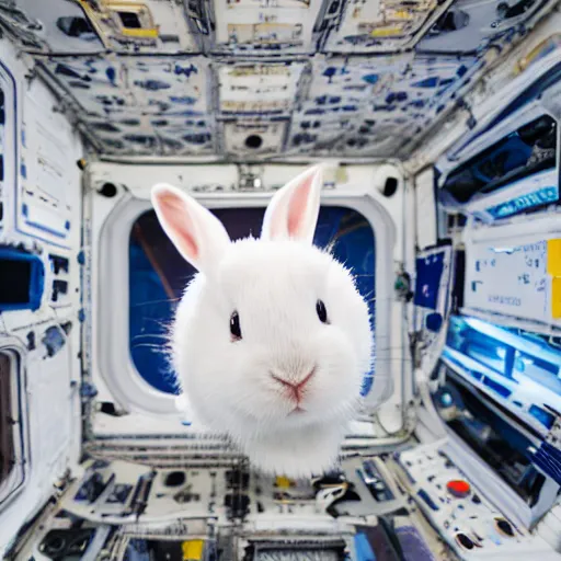 Prompt: a cute white rabbit floating inside the international space station, realistic, professional photography, 4 k, sharp lens, focus, depth of field