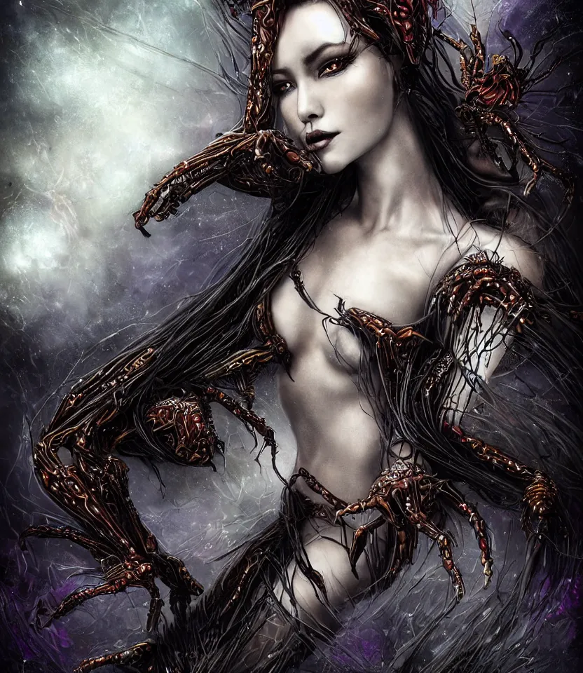 Image similar to close up portrait on the enchanting femenine queen of the zerg, hyper attractive, seductive, very complex, hyper-maximalist, overdetailed, legendary cinematic, darkfantasy, archetype with timeless beauty breathtaking eyes, her spider like legs spread evenly around her framing the image, collossal alien ship in the sky behind her, highly intricate, digital art, very elegant, HDR 8K, biblical art, realism, incomprehensible yet perspicious detail, unbeatable quality, silent hill aesthetic, photorealistic, lifelike, DSLR 8k, unbeatable coherency, Omnious intricate, octane render, created Nixeu & z--ed from deviantart