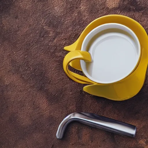 Prompt: yellow coffee mug is made of aluminium, steamy coffee on mug, mug looks similar to a rimowa portmanteau with handle