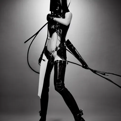 Image similar to fashion photography of an extraterrestrial model, holding a leather whip, wearing demobaza fashion, inside berghain, berlin fashion, harness, futuristic fashion, dark minimal outfit, photo 3 5 mm leica, hyperdetail, berghain, 8 k, very detailed, photo by nick knight