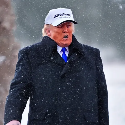 Image similar to donald trump lost and confused on the arctic tundra during a blizzard