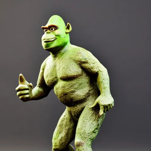 Image similar to bronze statuette of shrek, 4k, photograpgy, wide