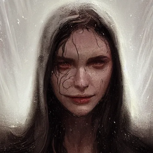 Image similar to portrait of an woman by Greg Rutkowski, she is about 20 years old, pretty, long brown wavy hair, scar near her mouth that makes her look like she's smiling all the time, wearing black sith robes, Star Wars Expanded Universe, highly detailed portrait, digital painting, artstation, concept art, smooth, sharp foccus ilustration, Artstation HQ