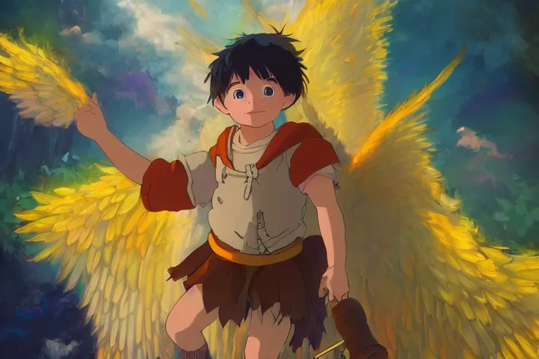 Image similar to a halfling with golden wings. 4 k digital paint by studio ghibli hayao miyazaki. vivid colours, vaporwave lighting style, intricate, very sharp and detailed. trending on artstation and behance.