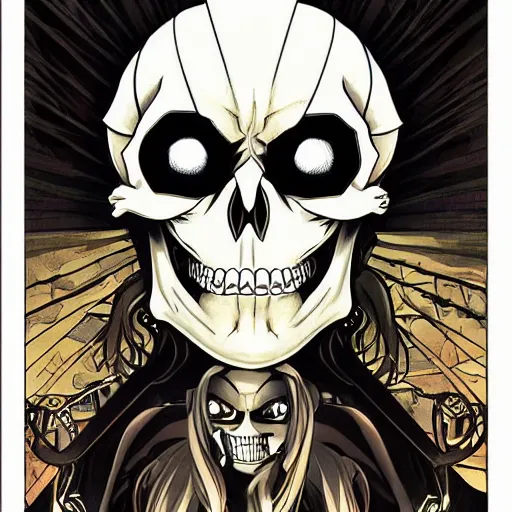 Image similar to anime manga skull portrait marvel batman comic skeleton illustration style by Alphonse Mucha pop art nouveau