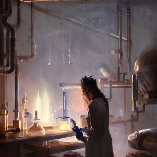 Prompt: dark elf dressed as alchemist working in laboratory, oil painting, by Greg Rutkowski