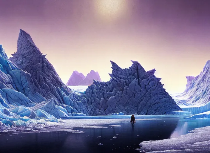 Prompt: detailed intricate digital illustration by greg rutkowski and wlop and sanford robinson gifford ; icy glacier landscape with shards of purple glistening geode sticking up from the ground like mountains, puffy clouds and snow ; 1 3 mm film, arri alfa anamorphic lens ; sharp focus, golden hour lighting, trending on artstation 4 k