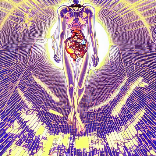 Image similar to shintaro kago yoji shinkawa and victo ngai cellular human body apophasis glorious energy of the sun cybernetic organism of pure energy and light synthetic emotional symposium of death