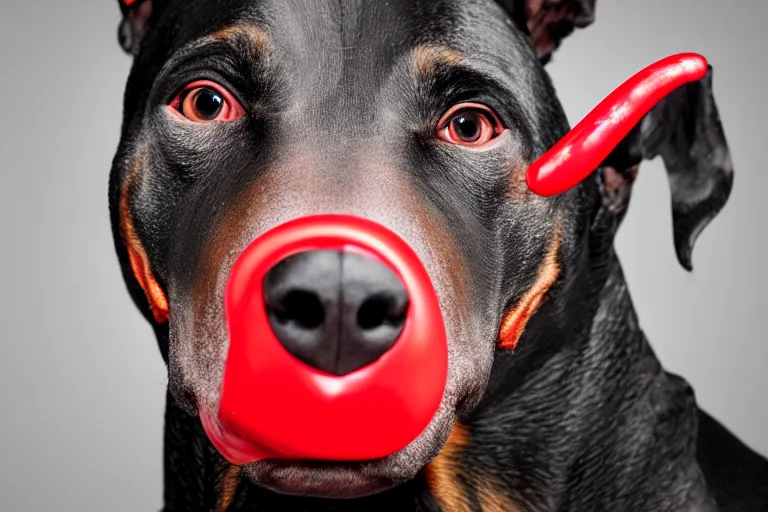 Image similar to profile of a snarling doberman wearing clown makeup and a red rubber nose, 4 k, hdr color