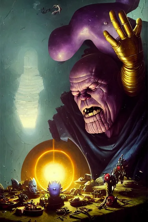 Image similar to hieronymus bosch, greg rutkowski, anna podedworna, painting of thanos eating the infinity gauntlet