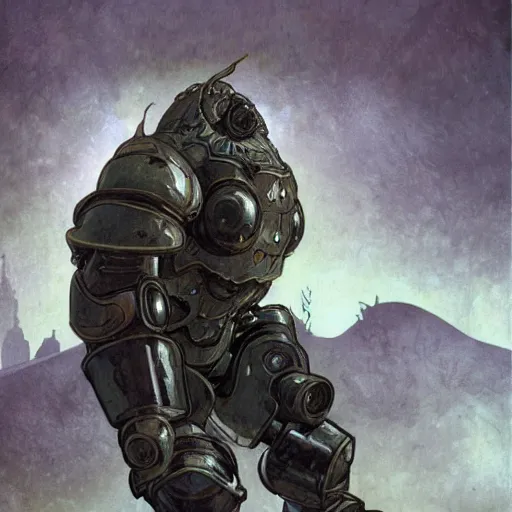 Image similar to hulking, brutish clone with vacant expression and giant isopod attached to back of neck, wearing brutalist black steel power armor and camoflauge cloak, science fiction concept art by Anato Finnstark, Alphonse Mucha, and Greg Rutkowski