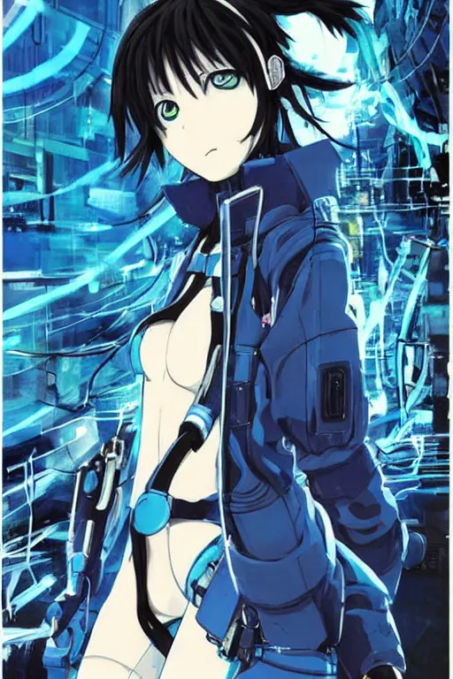 Prompt: manga cover art of a mysterious cyberpunk blue-haired anime girl wearing a plugsuit, serial experiments lain, painted by tsutomu nihei