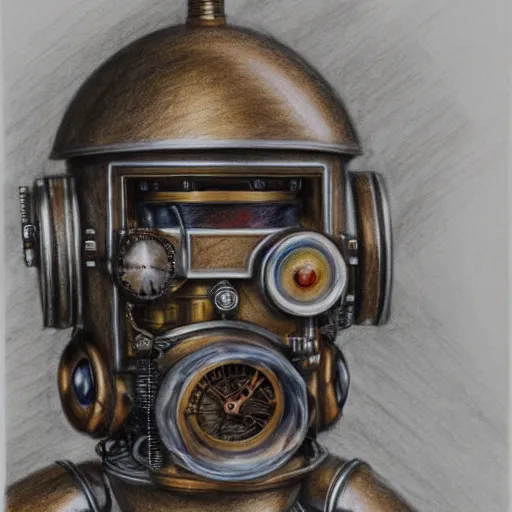 Image similar to hyper realistic pencil drawing of a steampunk robot , water color, full portrait, detailed, rim light, diffused, intricate,