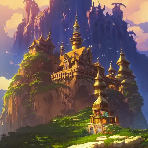 Image similar to An imposing and highly ornamented fantasy castle, Carved from Sapphire stone, Atmosphere, Dramatic lighting, Beautiful Landscape, Epic composition, Wide angle, by Makoto Shinkai and studio Ghibli