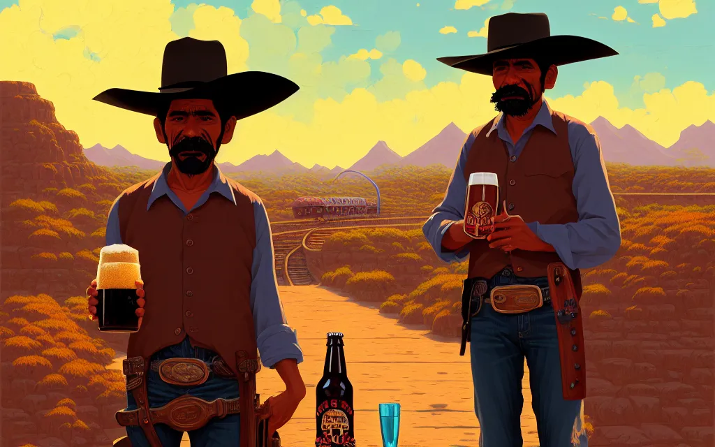 Image similar to photo of juan caloto beer illustration of a mexican man,, with one small, dirt, wild west, with hat, drinking a beer at train station, fantasy, intricate, elegant, highly detailed, digital painting, artstation, concept art by makoto shinkai, ilya kuvshinov, lois van baarle, rossdraws, basquiat,