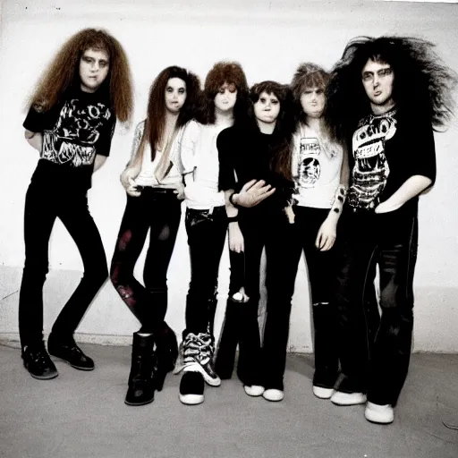 Image similar to Group of 19-year-old women holding electric guitars, long shaggy hair, permed hair, doom metal, punk rock, SST, band promo photo, 1987 photograph