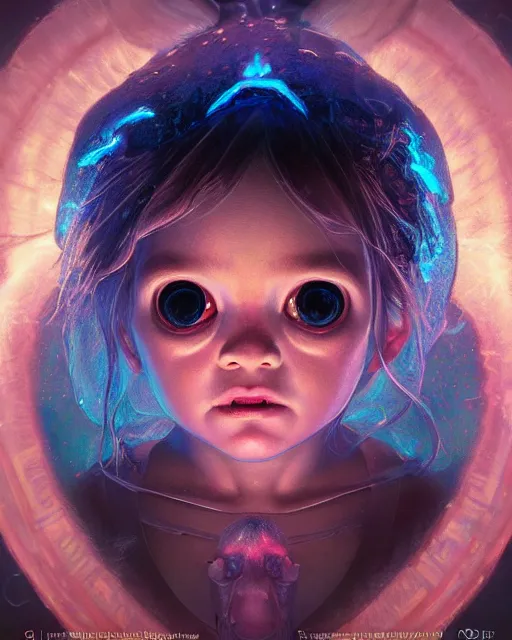 Image similar to one signular portrait of a cute bioluminescent baby creature with big glowing eyes, highly detailed, digital painting, cinematic, hyper realism, dark retrowave, art by Stanley Lau and Artgerm and magali villeneuve and Alphonse Mucha, artstation, octane render, cgsociety