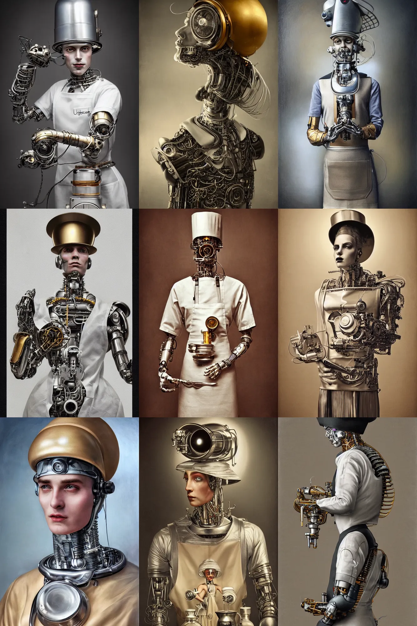 Prompt: a beautiful ultradetailed vintage photo of a futuristic cybernetic cyborg male wearing a tall white chef hat and an apron, by tom bagshaw and natalie shau, portrait, 3 5 mm lens, golden ratio composition, detailed face, studio photography, very detailed, humanoids, industrial robots, artstation, 8 k, highly coherent