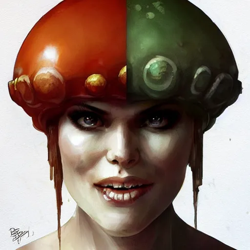 Prompt: doomguy as an attractive young smiling woman wearing a mushroom crown, face portrait, hd shot, digital portrait, beautiful, fantasy art, artstation, comic style, by artgerm, guy denning, jakub rozalski, magali villeneuve and charlie bowater