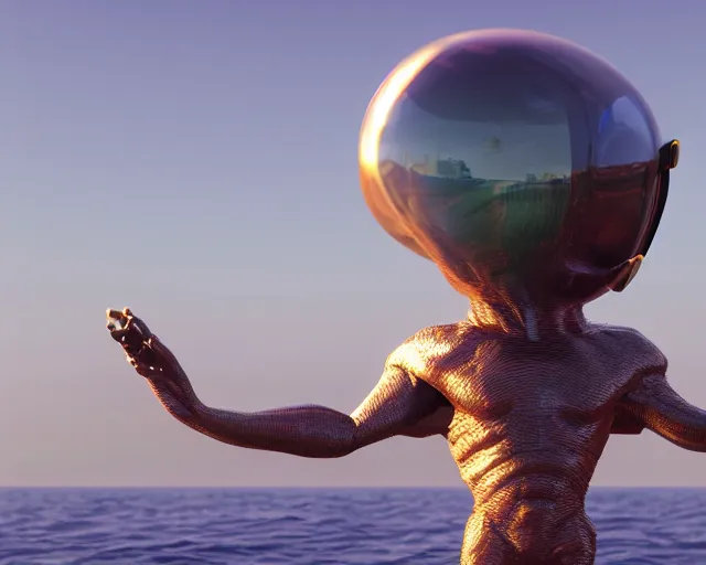 Prompt: a long shot of a giant award winning sculpture of an alien wearing futuristic sunglasses on the ocean, in the style of chad knight, hyper detailed, hyper realistic, ray tracing, 8 k resolution, sharp focus