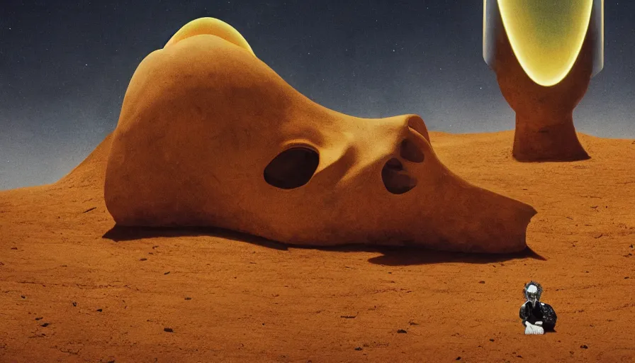 Image similar to glowing bene gesserit in full - face golden glowing mask meet salvador dali in a black rocky desert landscape with alienabandoned city beneath the sand and giant alien spaceship in the sky attacks the earth by christopher doyle and alejandro jodorowsky, anamorphic lens, kodakchrome, cinematic composition, very detailed photo, 8 k,