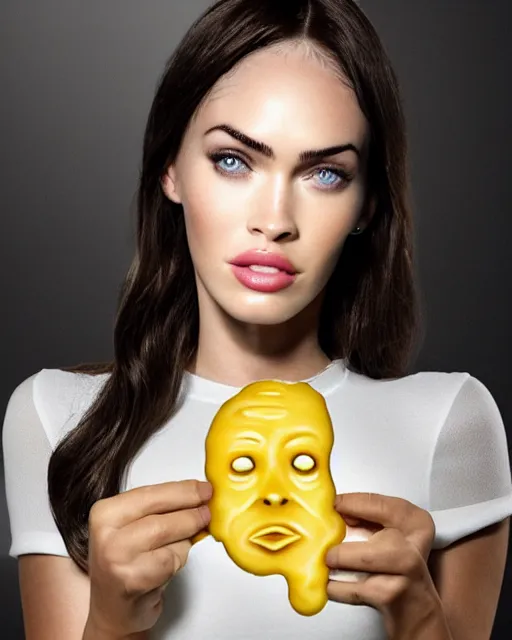 Image similar to mayonnaise in the shape of a human face, human face made out of mayonnaise, megan fox made out of mayonnaise!!!!!, professional food photography, unreal engine