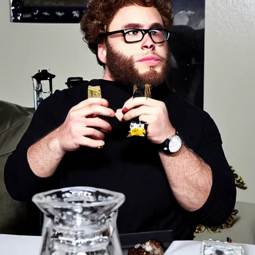 Image similar to seth rogan smoking out of a diamond bong