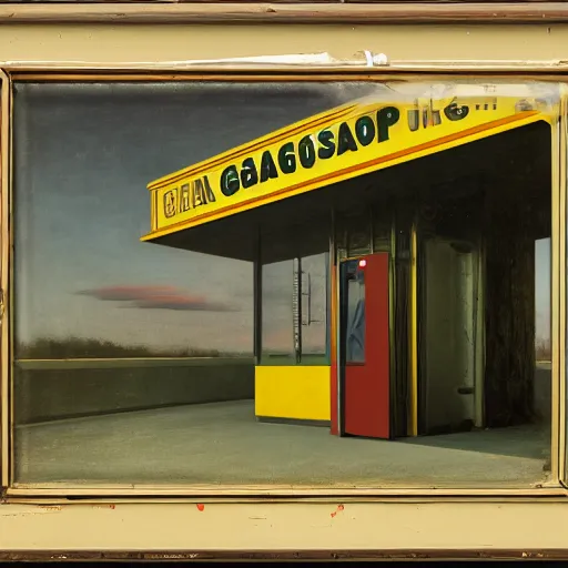 Prompt: a black beast in an abandoned gas station, daguerreotype by edward hopper, by henri rousseau, by Bosch, art noveau, highly detailed, strong lights, liminal, eerie, Bright pastel colors, octane render, 8k