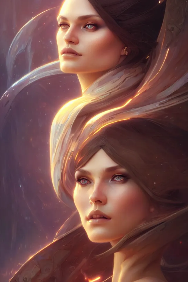 Image similar to futuristic woman portrait, sci-fi, amber eyes, face, long hair, fantasy, intricate, elegant, highly detailed, digital painting, artstation, concept art, smooth, sharp focus, illustration, art by artgerm and greg rutkowski and alphonse mucha