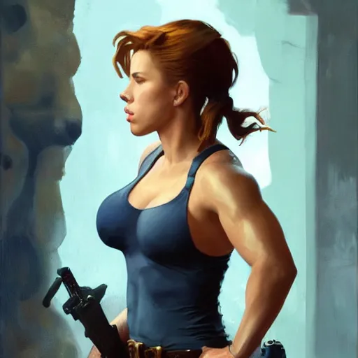 Prompt: greg manchess portrait of scarlett johansson as roided thick very muscular lara croft, fantasy, medium shot, asymmetrical, profile picture, organic painting, sunny day, matte painting, bold shapes, hard edges, street art, trending on artstation, by huang guangjian and gil elvgren and sachin teng