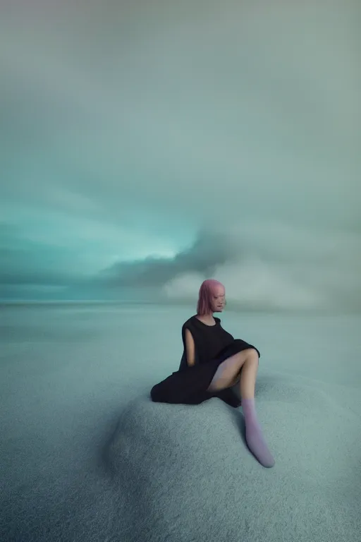 Image similar to high quality pastel coloured film close up wide angle photograph of a model wearing clothing swimming on cloud furniture in a icelandic black rock!! environment in a partially haze filled dreamstate world. three point light, rainbow. photographic production. art directed. pastel colours. volumetric clouds. pastel gradient overlay. waves glitch artefacts. extreme facial clarity. 8 k. filmic.