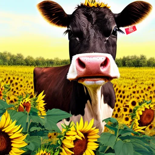 Image similar to head portrait of southern belle cow, surrounded by sunflowers outside in a field, 4k, illustration