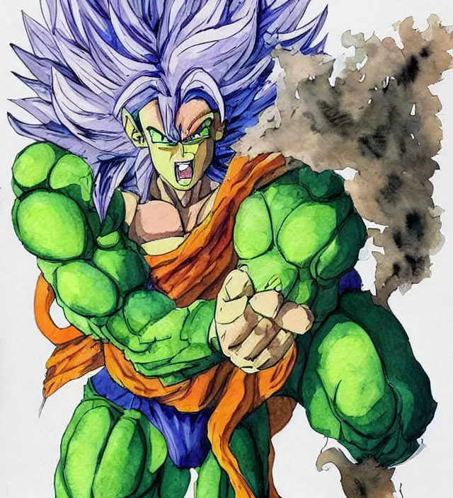 Prompt: a 3 / 4 view watercolor ink painting of broly as goku in the style of jean giraud in the style of moebius trending on artstation deviantart pinterest detailed realistic hd 8 k high resolution