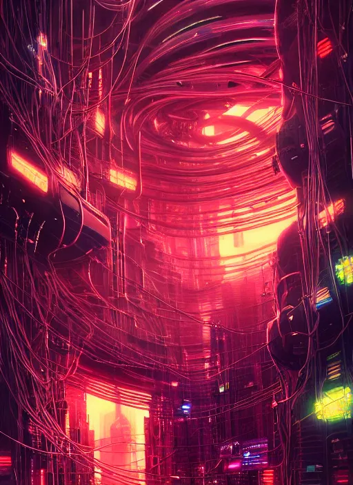 Image similar to cats cyborg inside an scifi tentacles wires futuristic city, beautiful neon cats, cinematic, highly detailed, photorealistic, rich bright colors, trending on artstation, giger, tsutomu nihei, trending on cgsociety, awe inspiring bruce pennington cityscape, digital art painting of 1 9 6 0 s