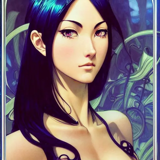 Image similar to intricately detailed vfx portrait of nico robin by eiichiro oda!, makoto shinkai, alphonse mucha, art by artgerm and greg rutkowski!, blue eyes!!, large aquiline nose!!, best of behance, concept art, matte, sharp focus, adolphe bouguereau, annie leibovitz, stanley kubrick,