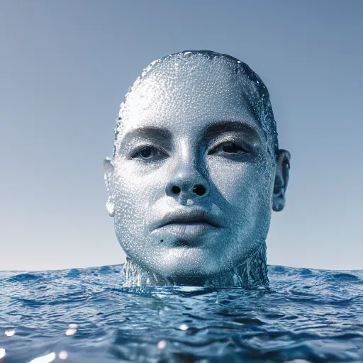 Image similar to water artwork manipulation in the shape of a human head, on the ocean water, ray tracing, realistic water sharp focus, long shot, 8 k resolution, cinematic, water sculpture