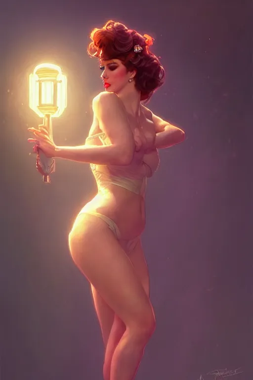 Prompt: a beautiful woman burlesque dancer on a stage, spotlight, highly detailed, digital painting, artstation, concept art, smooth, sharp focus, illustration, cinematic lighting, art by artgerm and greg rutkowski and alphonse mucha