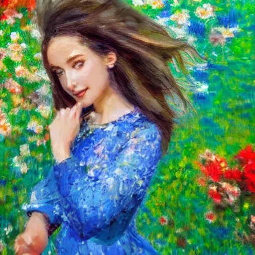 Image similar to a 3 d close up image of a beautiful young women looking at the camera surrounded by lush flowers impressionism, pop