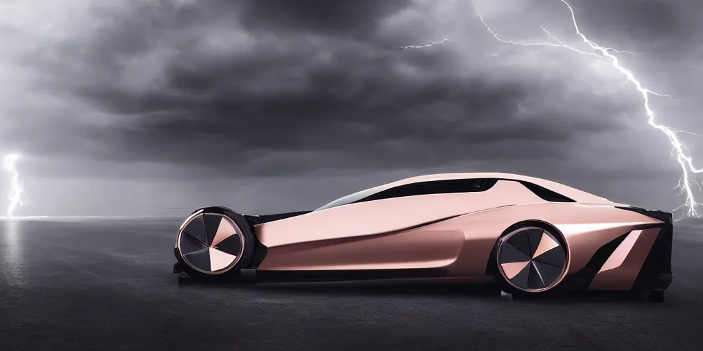 Image similar to a design of a futuristic vehicle, designed by Polestar, night thunderstorm lightning background, brushed rose gold car paint, black windows, dark show room, dramatic lighting, hyper realistic render, depth of field