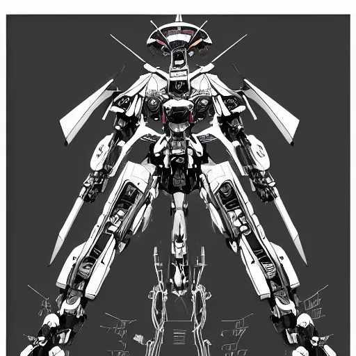 Prompt: very detailed anime mecha concept art, greyscale in vector art, very symmetrical, science fiction, artstation, pinterest, adobe photoshop
