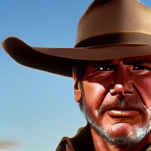 Image similar to harrison ford as the man with no name from the good the bad and the ugly ( higly detailed, still shot, cinematic, photo realistic, great quality )