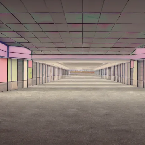 Image similar to interior of an abandoned 1980's mall, vaporwave, 3d render