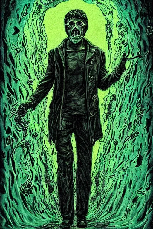 Prompt: zelensky went to hell, art in the style of a poster for horror films in a cinema, detailed art in color