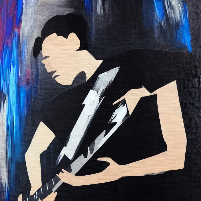 Prompt: large diagonal brush strokes, abstract dark painting of a young korean male musician wearing black tank top holding a telecaster!!! electric guitar!! in a dark room, thick flowing dramatic brush strokes, matte colors, abstract, impressionist, motion, trending on artstation