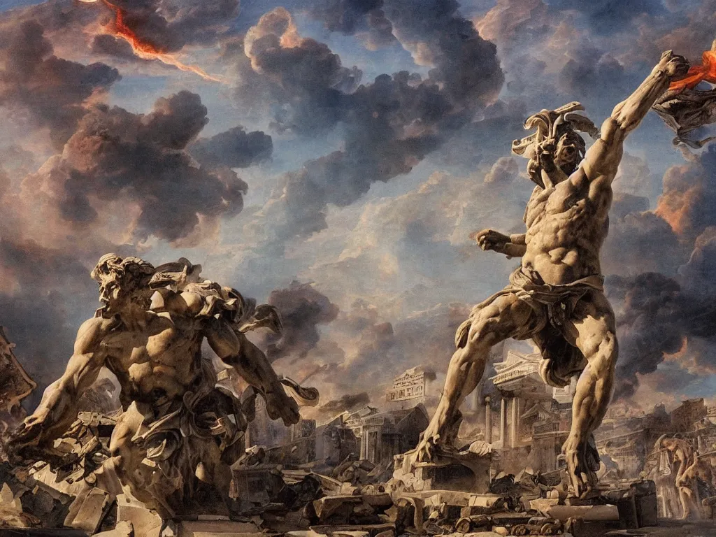 Image similar to giant greek statue attacking a city, city destruction ruins, debris flying around, swirls of fire